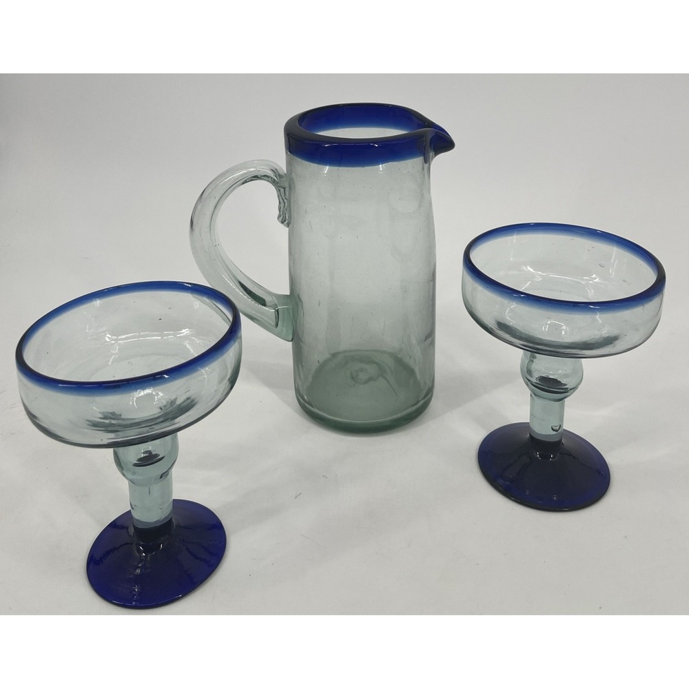 VTG Mexican Hand-Blown Glass Cobalt Blue Pitcher Pair Margarita Glasses Fiesta